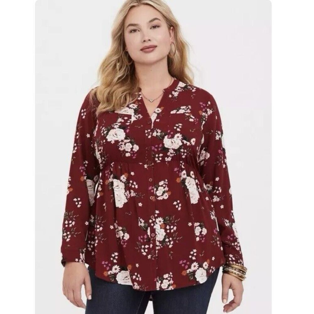 Torrid Red Floral Emma Babydoll Challis Button-Front Tunic Blouse Size 4X